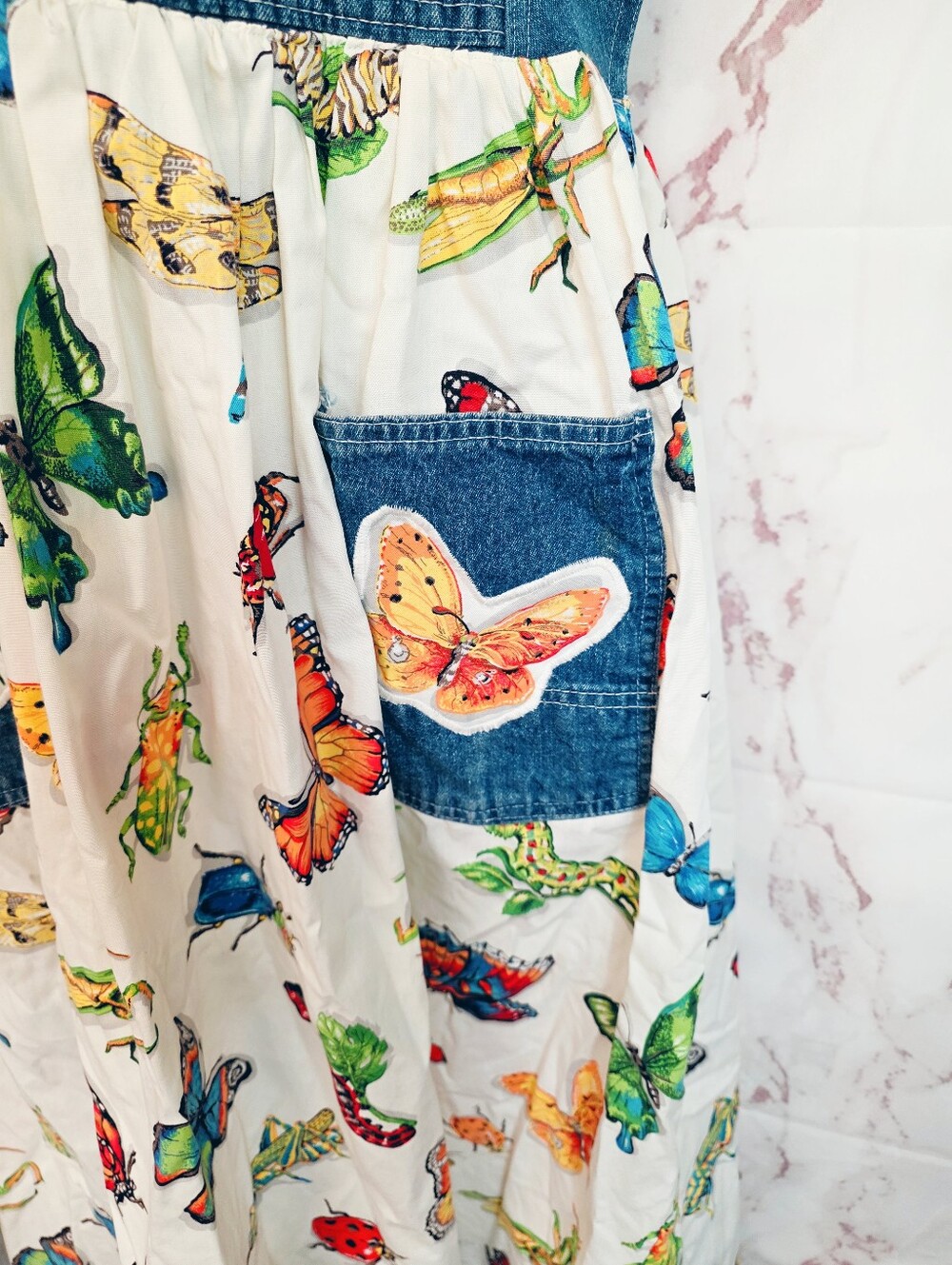 Upcycled Vintage Patchwork Overall Maxi Dress Butterflies Cottagecore USA - Picture 5 of 9